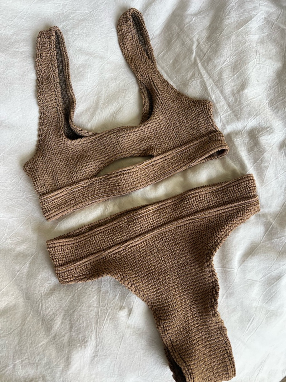 bond-eye Ribbed Scoop Bralette & High-Cut Bikini Set - Brown